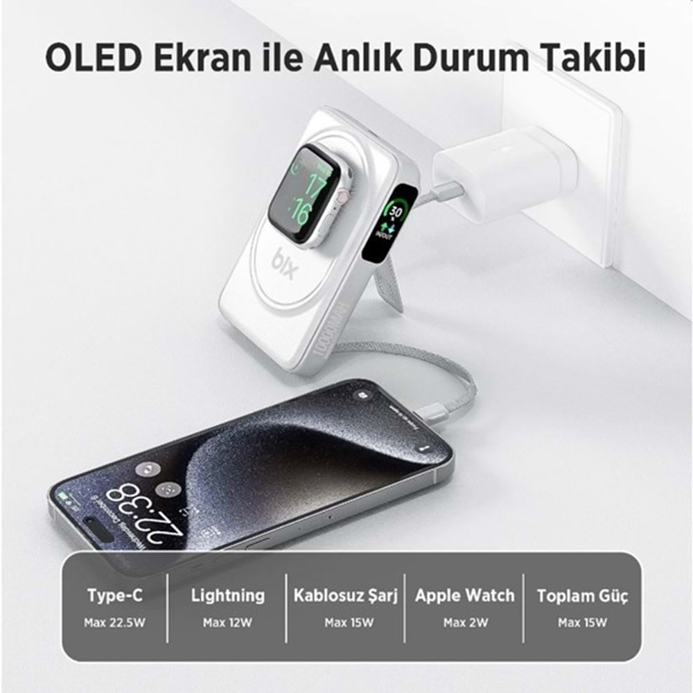 BİX 10000mAh TPB16-WE 6'SI 1 ARADA OLED EKRANLI Beyaz KABLOSUZ POWERBANK