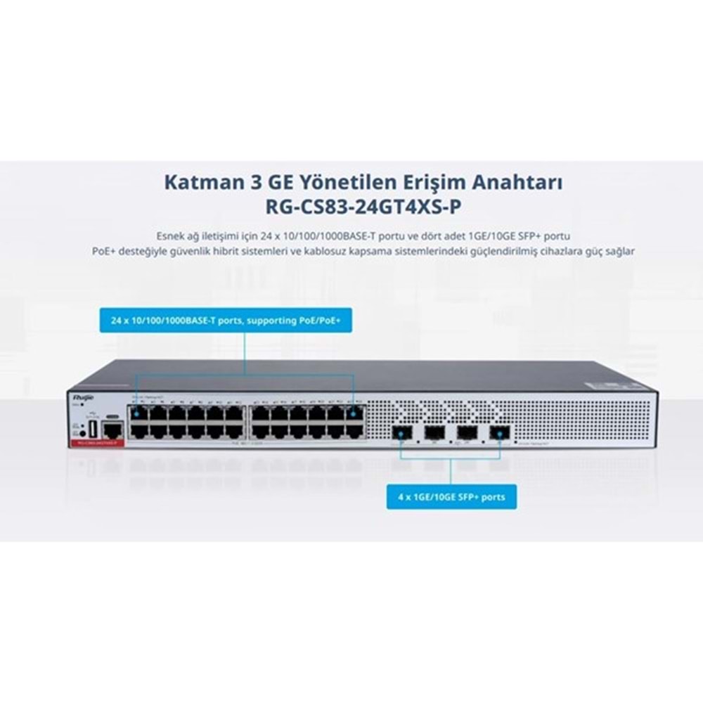 RUIJIE 24port RG-CS83-24GT4XS-P GIGABIT 4-SFP+ 10GBE 370W LAYER3 YÖNETİLEBİLİR POE SWITCH