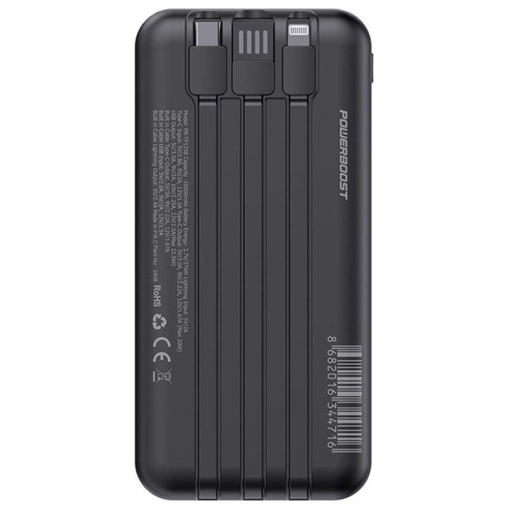POWERBOOST NIGHT 125B 10000mAh 22.5W Dahili Kablolu LCD Siyah Taşınabilir Şarj Cihazı Powerbank