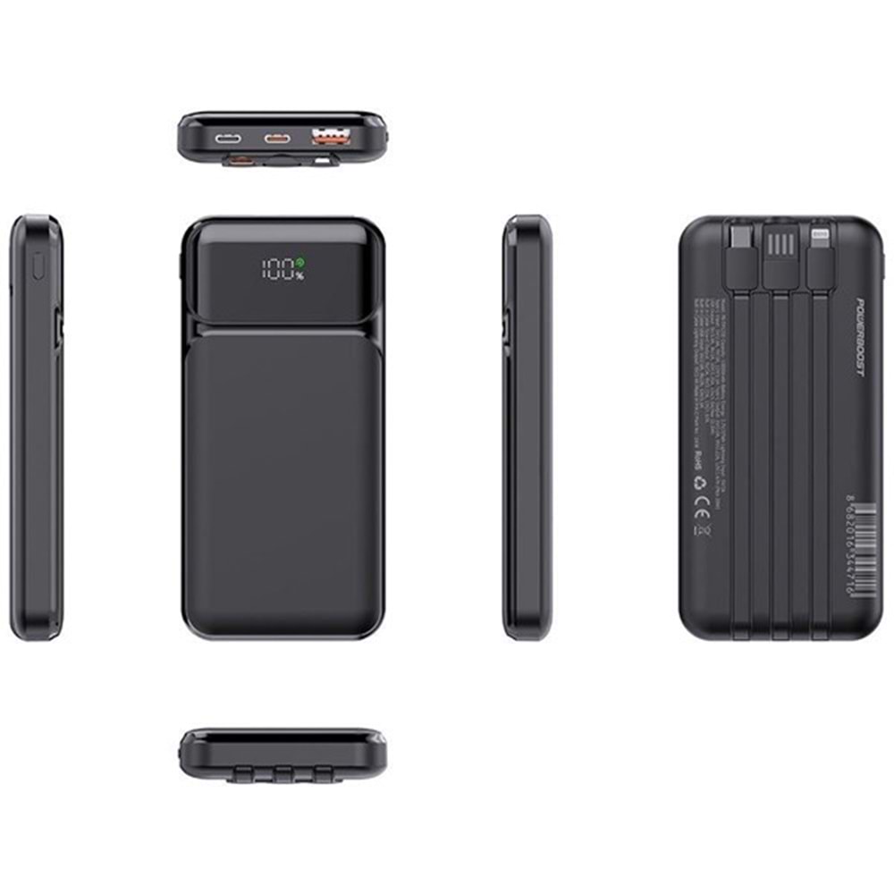 POWERBOOST NIGHT 125B 10000mAh 22.5W Dahili Kablolu LCD Siyah Taşınabilir Şarj Cihazı Powerbank