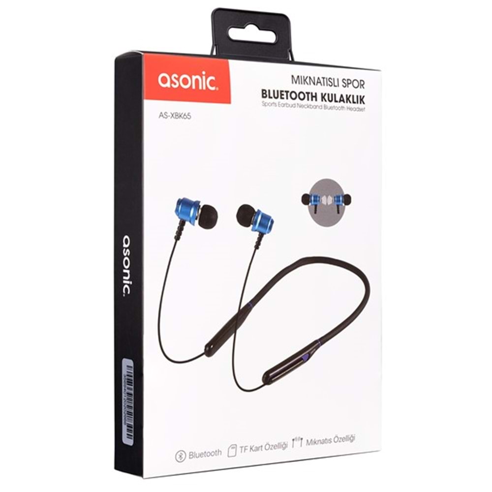 Asonic AS-XBK65 Siyah/Mavi Boyun Askılı Mıknatıslı Bluetooth TF Kart Spor Kulak içi Kulaklık