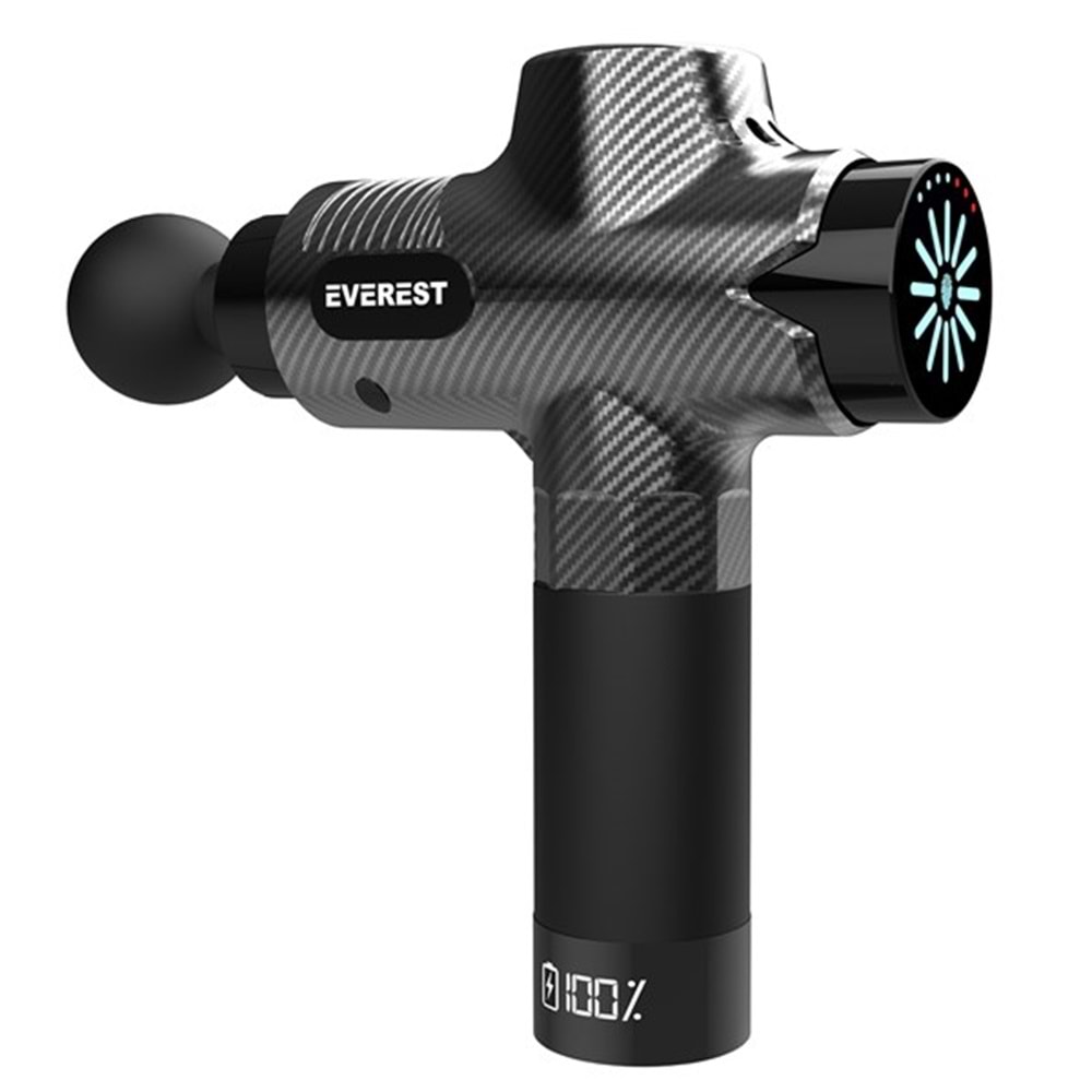 Everest EV-MT52 Karbon Fiber/Siyah 24V 2500 mAh Fırçasız Motor 3960 RPM Hız 10 Başlıklı Kablosuz Sporcu Masaj Tabancası