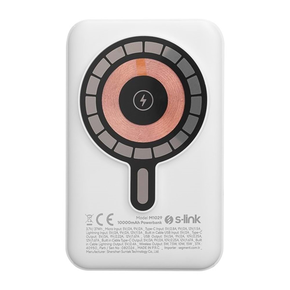 S-LINK M1029 10000mAh Magsafe 15W HSC22.5W+PD20W+QC3.0 Beyaz LCD Taşınabilir Şarj Cihazı Powerbank