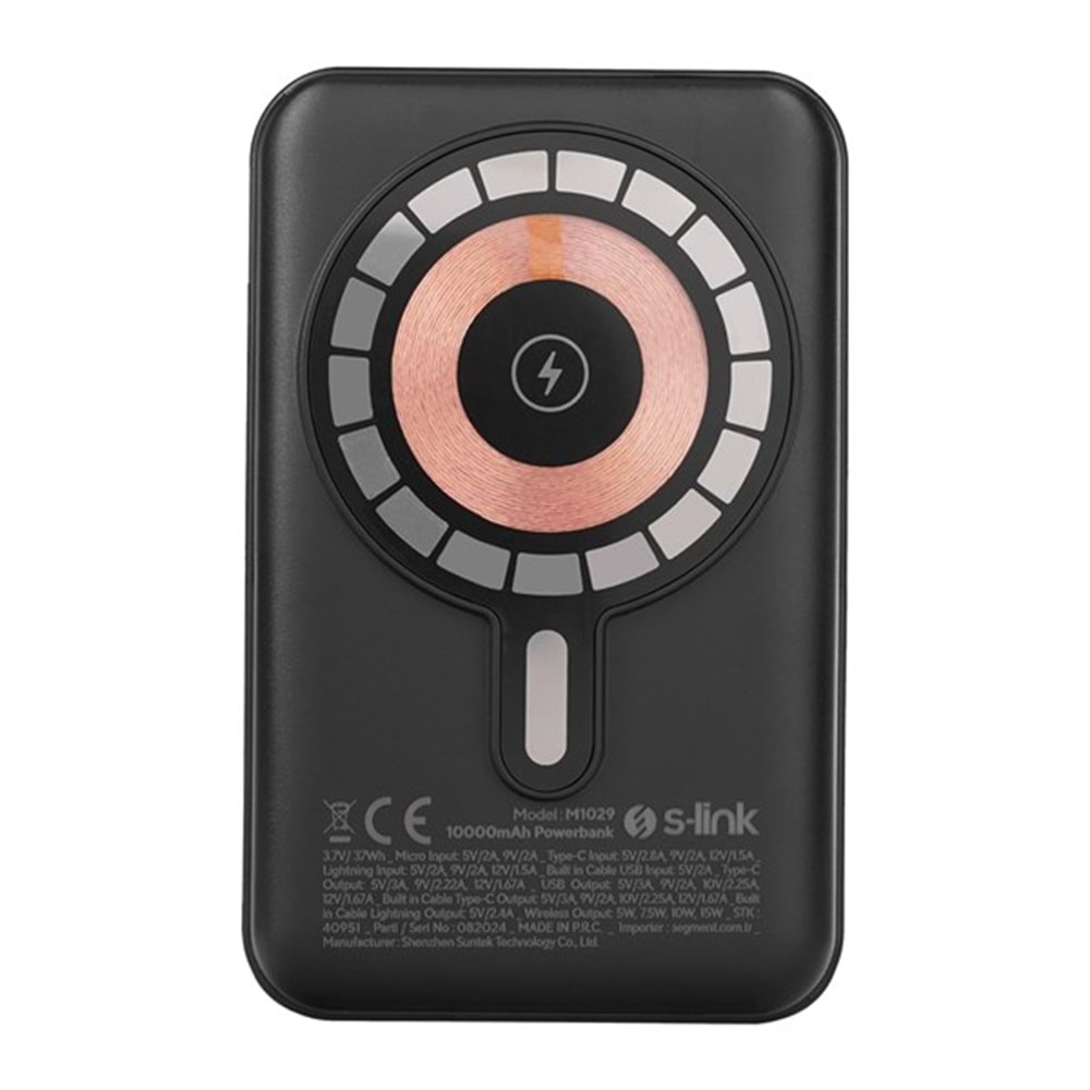 S-LINK M1029 10000mAh Magsafe 15W HSC22.5W+PD20W+QC3.0 Siyah LCD Taşınabilir Şarj Cihazı Powerbank