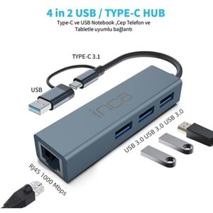 INCA IUTP-03T Gigabit TYPEC-USB 3.0 Ethernet 3x USB Çoklayıcı