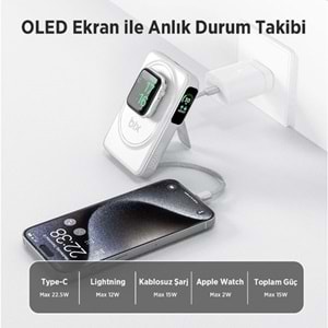 BİX 10000mAh TPB16-WE 6'SI 1 ARADA OLED EKRANLI Beyaz KABLOSUZ POWERBANK