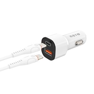 S-LINK SL-EC38PD TypeC to TypeC Kablolu 38W PD + USB QC3.0 Beyaz Araç Şarj Cihazı