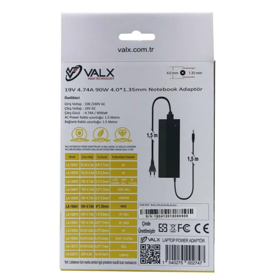 VALX HIGH TECHNOLOGY LA-19041 19V 4.74A 90W 4.0*1.35MM NOTEBOOK  ADAPTÖR