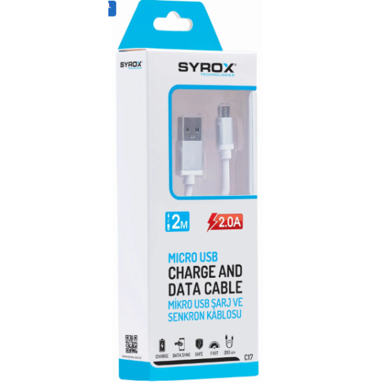 SYROX TECHNOLOGIES MICRO USB CHARGER AND DATA CABLE 2.0A 2M C17