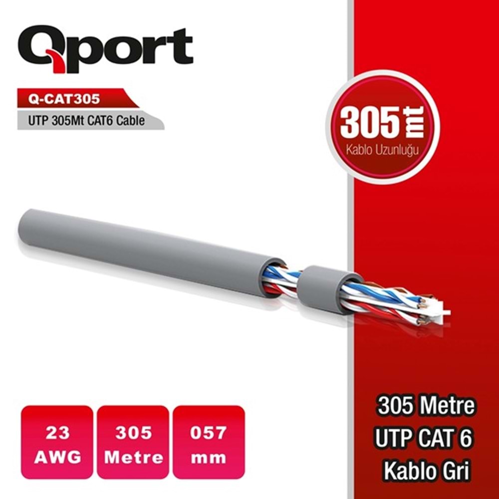 QPORT CAT6 Utp 23AWG Gri 305m Kablo Q-CAT6