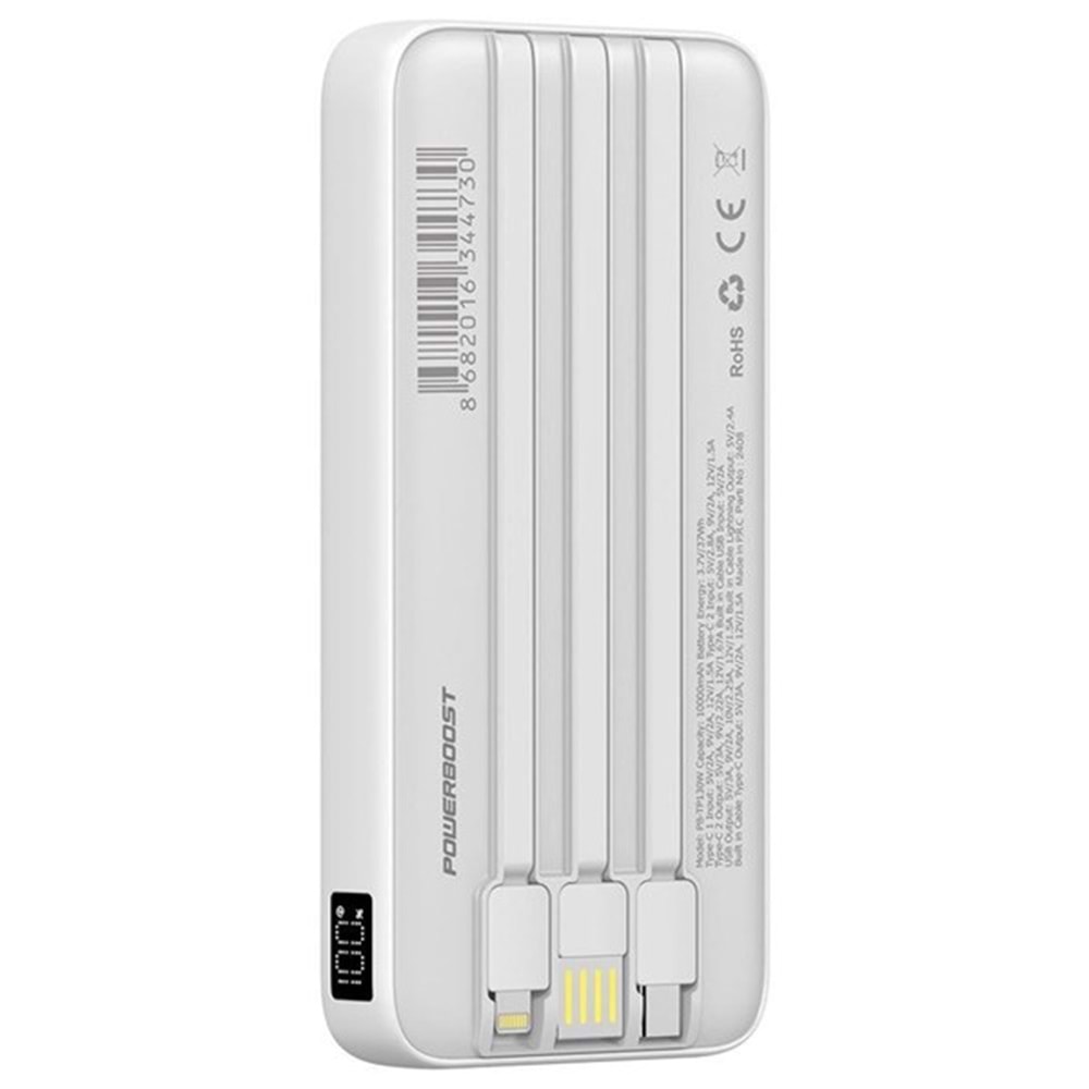 POWERBOOST PRIME 130W 10000mAh 22.5W Dahili Kablolu LCD Beyaz Taşınabilir Şarj Cihazı Powerbank