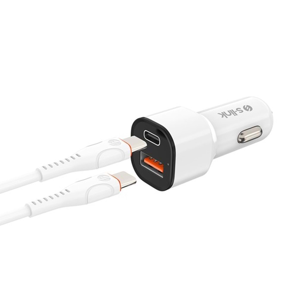 S-LINK SL-EC38PD TypeC to TypeC Kablolu 38W PD + USB QC3.0 Beyaz Araç Şarj Cihazı